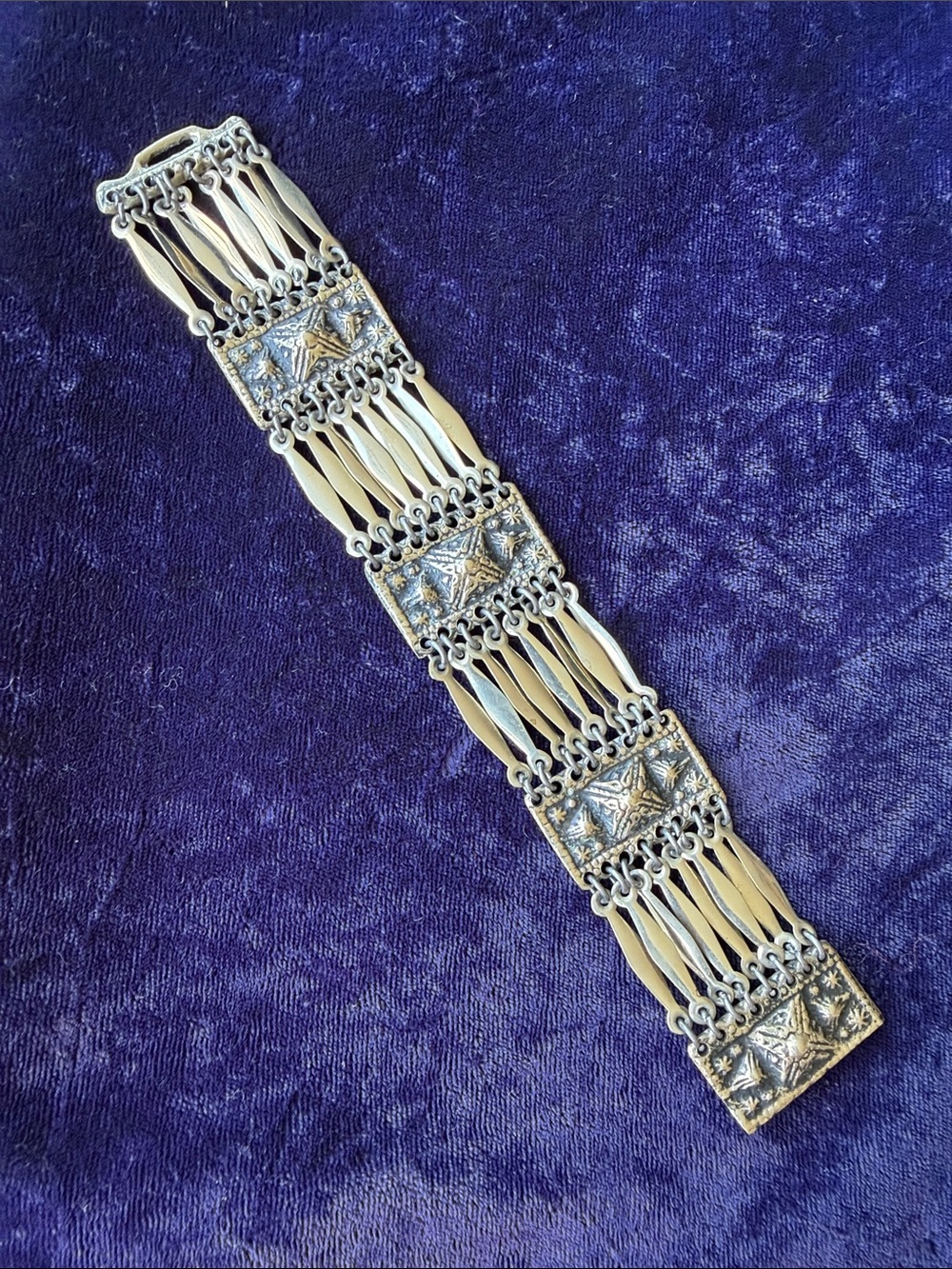 Vintage Southwestern silver Aztec wide panel link bracelet